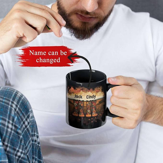Custom Couple Mug with Floral Boots Design, Personalized Name Coffee Mug 11oz 15oz, Fall Inspired Ceramic Coffee Cup, Custom Autumn Scene Black Cup, Gifts for Boyfriend, Girlfriend-Ruum Studio Home