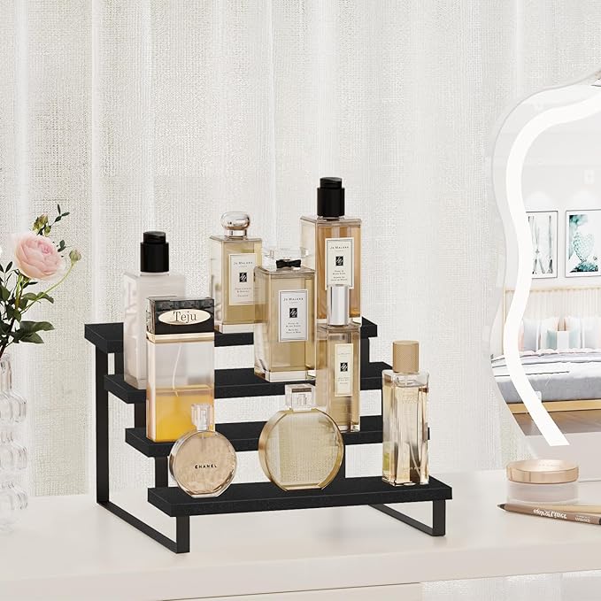 YINMIT Wooden Display Riser Stand, Tiered Perfume and Cologne Organizer Stand, 4 Tier Spice Rack Organizer, Rustic Display Shelf for Candles (4 Tier,Black)-Ruum Studio Home