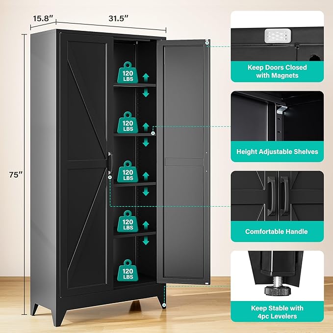75" Tall Pantry Cabinet,Farmhouse Kitchen Pantry Storage Cabinets with 2 Doors and 5 Shelves,Black Metal Storage Cabinet,Large Cupboard for Home,Kitchen,Dining/Living Room-Ruum Studio Home