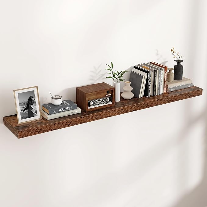 Floating Shelves for Wall, Large Wall Mounted Shelves with Invisible Brackets, Long Wood Floating Shelf for Living Room, Bedroom, Kitchen, (Brown, 55" W x 9" D x 1.5" H)-Ruum Studio Home