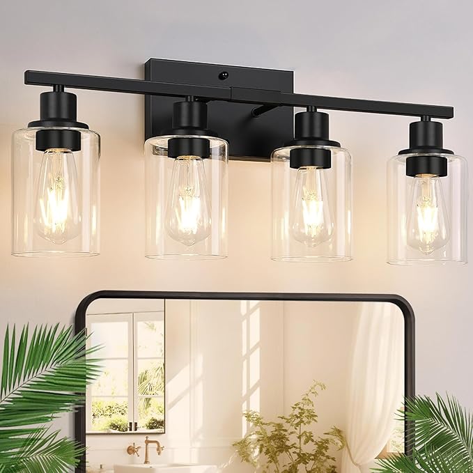 4-Light Bathroom Light Fixtures, Matte Black Modern Vanity Lights with Clear Glass Shades, Bathroom Wall Lamp for Mirror Living Room Cabinet Bedroom Porch-Ruum Studio Home