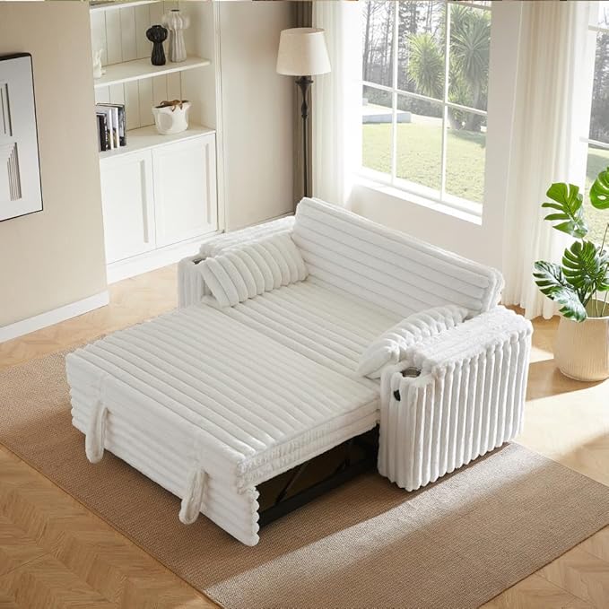 68.11" Corduroy Sleeper Chair Bed with USB Port, Cup Holders & Side Storage Pockets – 3-in-1 Foldable Sofa Bed for Guest Room, Living Room -White-Ruum Studio Home