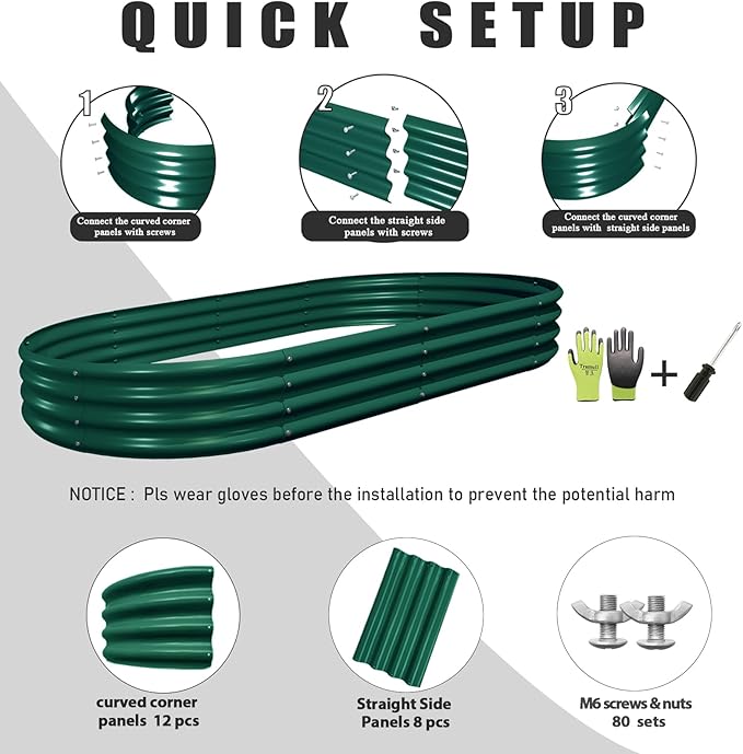 2 Pack 8x4x1FT Galvanized Raised Garden Bed Kit Oval Metal Ground Planter Box Outdoor Bottomless Planter Raised Beds for Vegetables Flowers Herbs Fruits, Green-Ruum Studio Home
