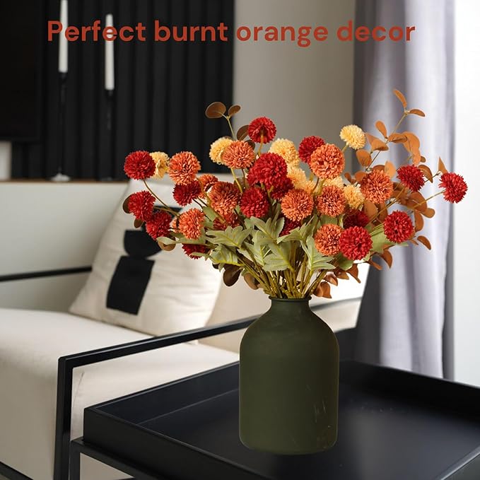 Fall Flowers, Burnt Orange Faux Kiku Flowers Artificial 10 Stems + Eucalyptus, Fake Silk Mums Fall Floral Centerpiece, Autumn Decor, Terracotta Mini Balls Faux Stems For Vase, Decoración de Otoño-Ruum Studio Home