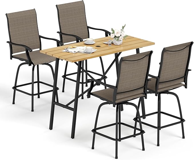 Sophia & William Outdoor Bar Set, Patio Bar Table and Chairs Set, Bar Height Patio Set - 4 x Swivel Bar Chairs(Brown), 1 x Rectangular Bar Table(Wood-Like)-Ruum Studio Home