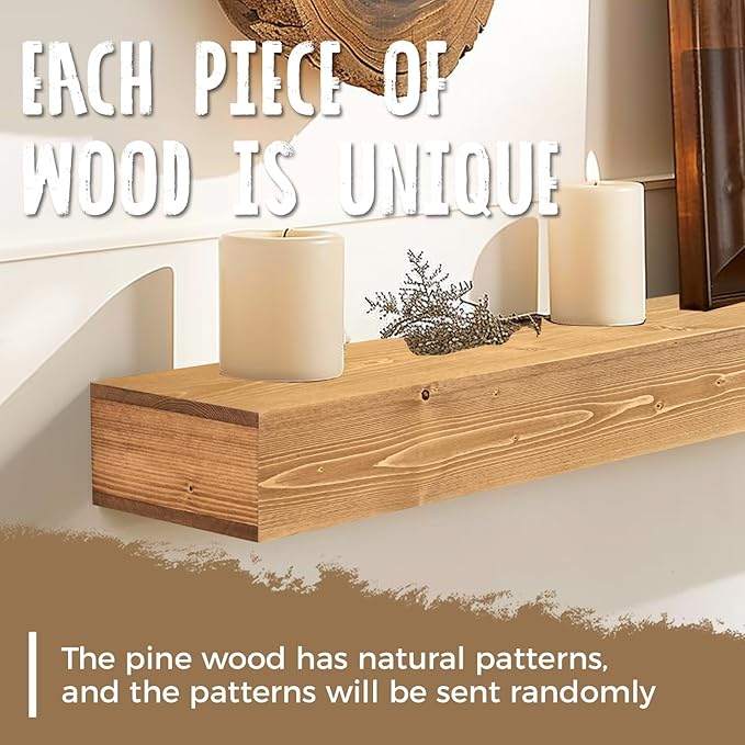 48x8x3 Fireplace Mantel - Handcrafted Hollow Rustic Solid Wood Wall Mounted Floating Shelf with Invisible Heavy Duty Wood Bracket (Natural Wood)-Ruum Studio Home