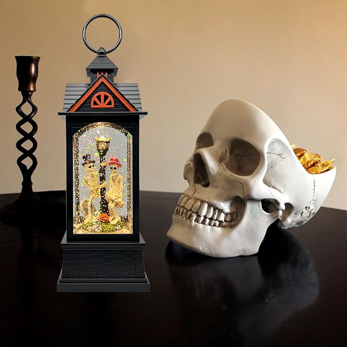 Halloween Snow Globe Lantern with 6 Hour Timer,Halloween Decorations Indoor for Home,Halloween Decor,USB or Battery Powered for Halloween Lanterns,Halloween Skeleton-A-Ruum Studio Home