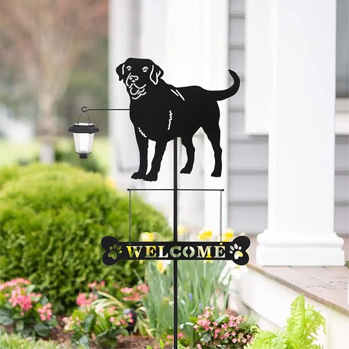 BAYN Solar Labrador Silhouette Dog Breed Welcome Sign with a Lantern Outdoor Decorative Garden Stakes for Yard, Lawn, Patio, Pathway-Ruum Studio Home