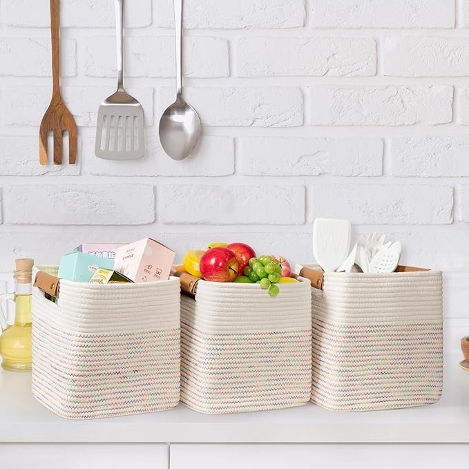 danpinera 11"x11" Storage Cubes, Soft Boho Storage Basket with Neat Stitching, 3-Pack Cube Storage Organizer, Woven Baskets for Storage in Living Room, Kids Room, Bedroom, Rainbow-Ruum Studio Home