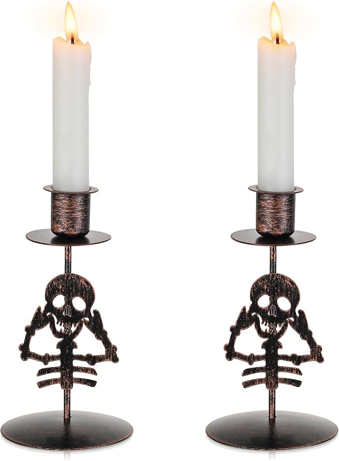 Romadedi Candle Holder for Halloween Decor: Set of 2 Black Gothic Skull Taper Candlestick Table Centerpiece Decorations Spooky Party Dinning Room Home Indoor-Ruum Studio Home