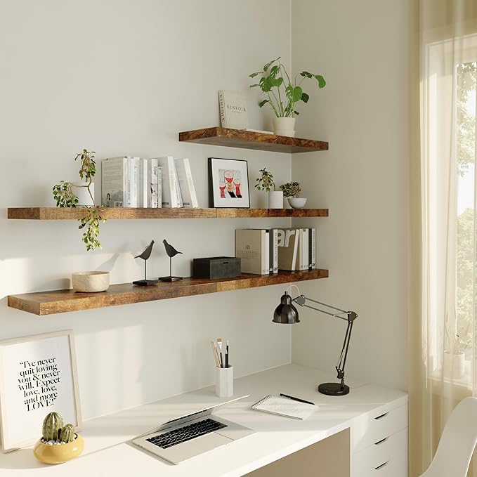 Large Floating Shelves for Wall Set of 2 Wooden Wall Shelves 36 in x 12.75 in x 2 in Room Decor Long Shelf with Invisible Wall Mount Bracket for Bedroom Kitchen Living Room Rustic Brown-Ruum Studio Home
