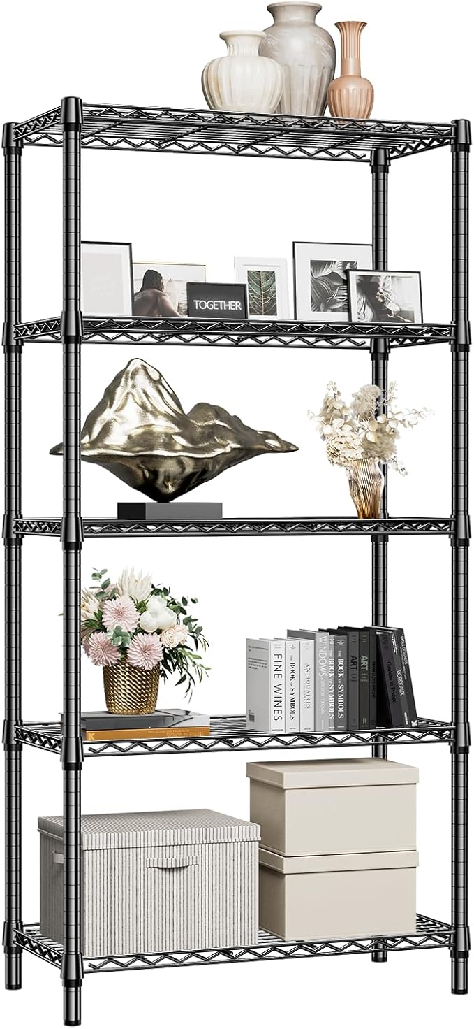 1250 lbs 5 Tier Shelf Metal Storage Shelves Shelving Wire Rack Heavy Duty Closet Organizers for Garage Kitchen Bathroom Laundry Black 15.7" D x 33.5" W x 68.5" H-Ruum Studio Home
