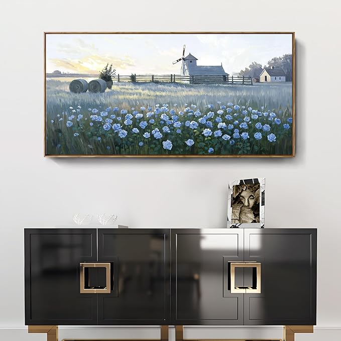 amatop Large Framed Country Landscape Wall Art – Blue Floral Canvas Art Print Vintage Rustic Farmhouse Picture Sunset Nature Artwork Wall Decor for Bedroom Dining Room Office Entryway 48x24 Inch-Ruum Studio Home