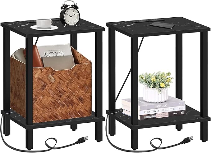 TUTOTAK End Table with Charging Station, Set of 2, Small Side Table, Nightstand Bedside Table, 2-Tier Storage Shelf for Small Space, Living Room, Bedroom Marble Black TB01BMK041-Ruum Studio Home