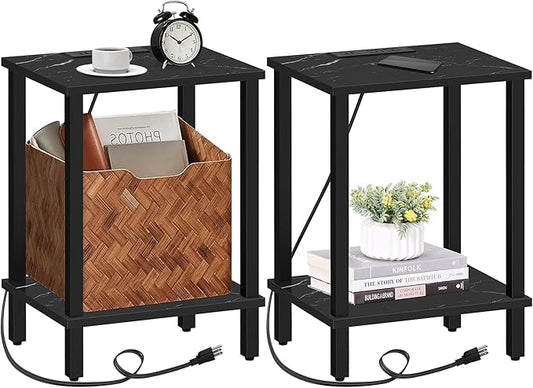 TUTOTAK End Table with Charging Station, Set of 2, Small Side Table, Nightstand Bedside Table, 2-Tier Storage Shelf for Small Space, Living Room, Bedroom Marble Black TB01BMK041-Ruum Studio Home