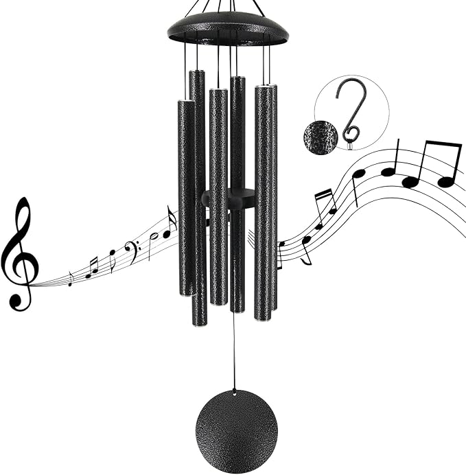 Sympathy Memorial Wind Chimes, 36' with 6 Metal Tubes, Outdoor Deep Tone for Garden, Christmas Hanging Decor - Black Grey-Ruum Studio Home
