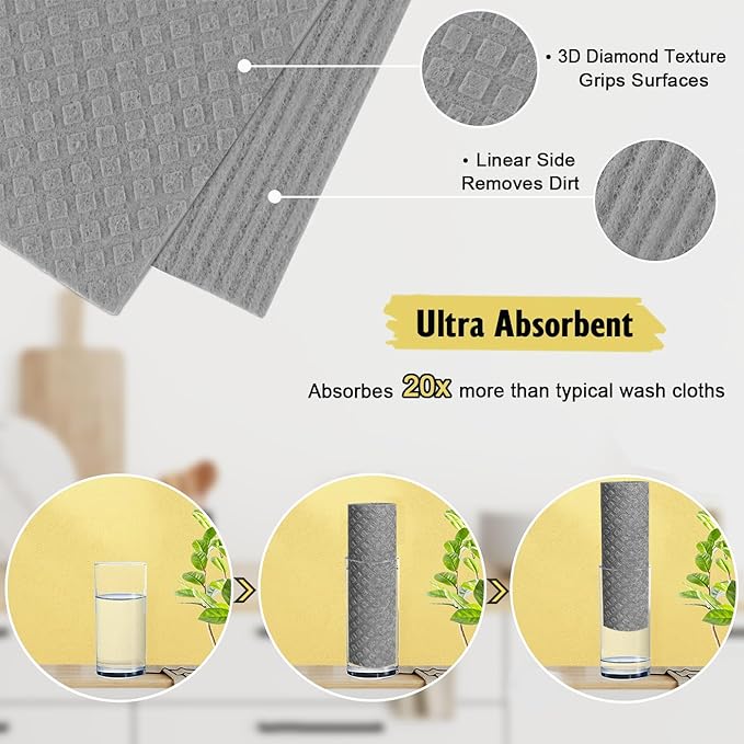 Swedish Dishcloths for Kitchen | 10 Pack Absorbent Cellulose Sponge Cloths Washable | Non-Scratch Reusable Paper Towels Quick Drying Cleaning Rag - Grey-Ruum Studio Home