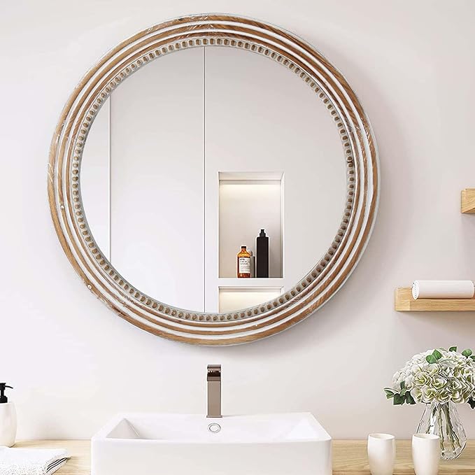 24 Inch Rustic Round Mirror - Farmhouse Vintage Bathroom Vanity Mirror, Wall-Mounted Round Mirrors for Bathroom Sink, Bedroom & Living Room and Framed Decorative Restroom Mirror-Ruum Studio Home