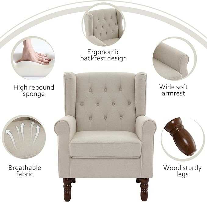 Lumibee High Back Accent Chair Set of 2,Upholstered Wingback Armchair with Solid Wood Legs for Small Spaces,Comfy Single Sofa Chair for Living Room,Bedroom,Office-Beige-Ruum Studio Home