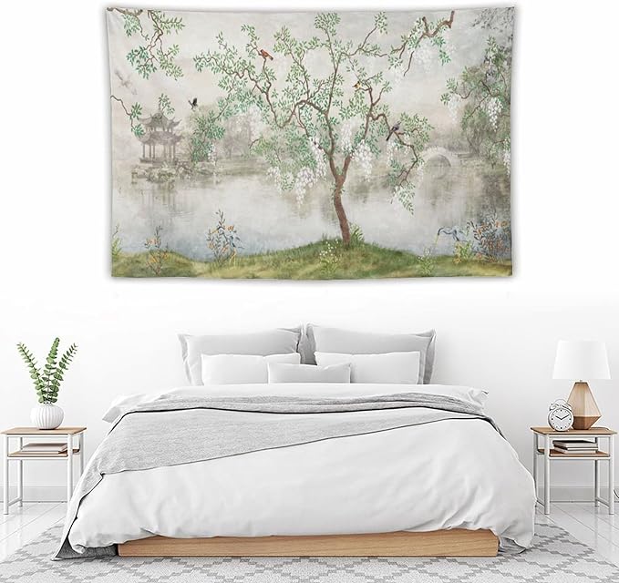 HZOHNAGO Japanese Tapestry Tree Misty Garden Lake Printed Wall Tapestry Ink Painting Wall Hanging for Bedroom Living Room Dorm 90" W x 60" H-Ruum Studio Home