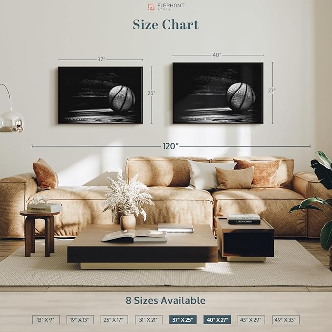 ElephantStock Basketball Wall Art - Horizontal Framed Canvas - 1-Piece Hallway Wall Decor - Photography sports Canvas Print - Black and Gray Decor for Wall - 40" X 27"-Ruum Studio Home