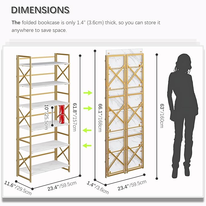 4NM 6 Tiers No Assembly Book Shelves, 61.8" H Folding Bookshelf Bookcase Open Industrial Foldable Shelves for Bedroom, Living Room, Home Office - White Gold-Ruum Studio Home