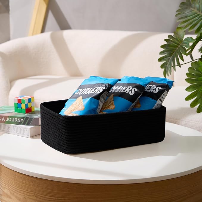 Large Shallow Organizing Baskets 15x11x5.1 Inches - Rope Woven Storage Bins for Bathroom, Shelves, Cube Closet, Black 2 Packs-Ruum Studio Home