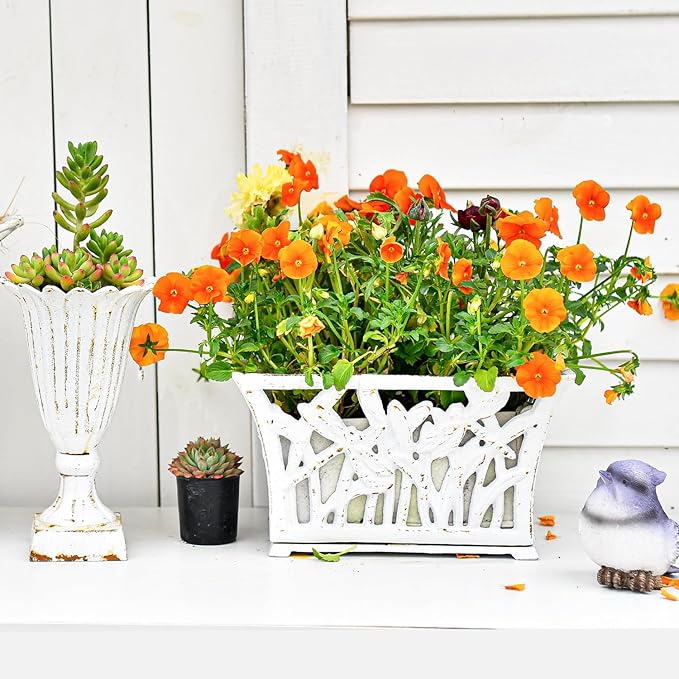 Sungmor Heavy Duty Cast Iron Planter Basket w/Non-Woven Growing Bag, Unique Shape & Beautiful Pattern Design, Hollow Orchid Flower Pot Garden Tools Holder, Rust White French Country Decor Container-Ruum Studio Home