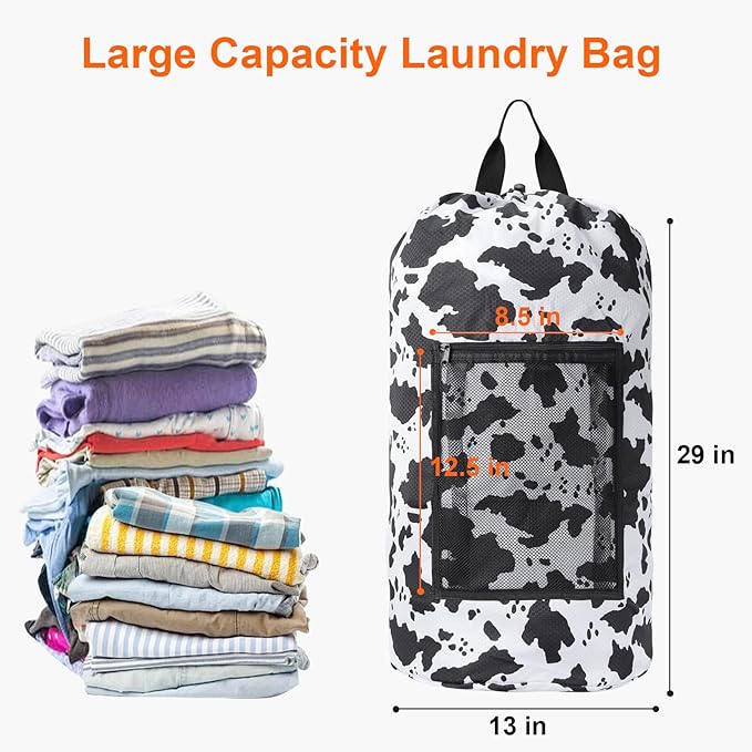 Femuar Laundry Bag Backpack Durable Laundry Bag with Shoulder Straps and Mesh Pockets Portable Laundry Dirty Clothes Hamper Bag for College Dorm (Cow Print)-Ruum Studio Home