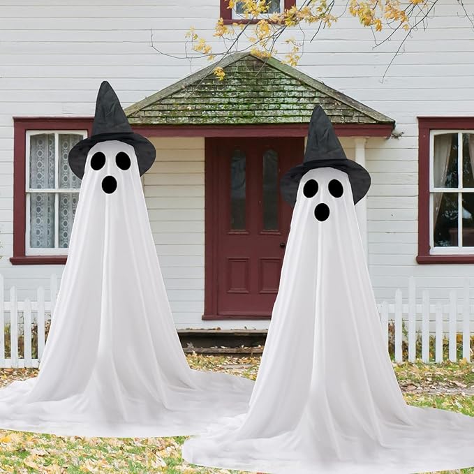 2 Packs Halloween Ghost Outdoor Decorations, 59” Light Up Ghost Decor with Remote Control, Adjustable Height Standing Halloween Lighted Ghost Kit with Witch Hat Ideal for Porch, Garden, Yard-Ruum Studio Home