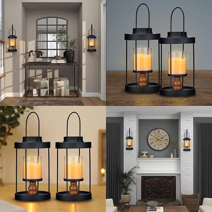 Metal Wall Sconce Candle Lantern Set of 2 - Black Wall Mounted Wood and Metal Hanging Holder with Glass & Candles Vintage Wall Decor for Porch, Living Room, Dining Room, Bedroom Indoor Decor-Ruum Studio Home