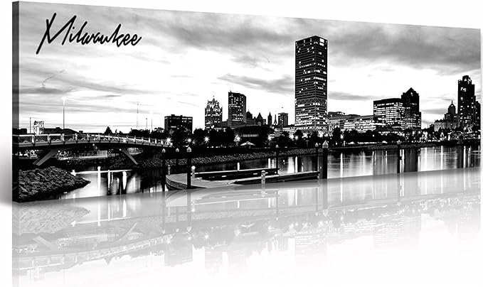 DJSYLIFE Milwaukee Skyline Wall Art Black and White Stretched Canvas Wall Art Prints for Bedroom or Office Decoration Ready to Hang 13.8" x 47.3"-Ruum Studio Home