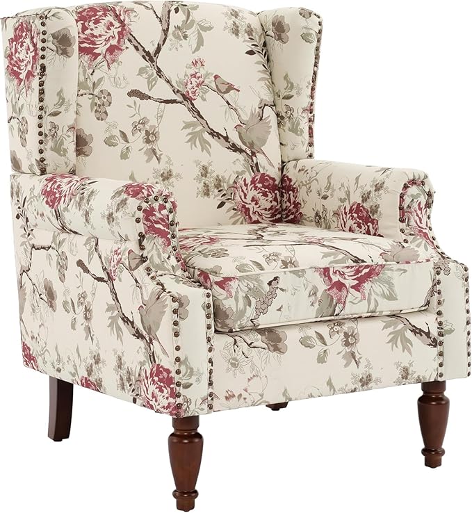 UIXE High Back Accent Chair, Wingback Upholstered Armchair in Fabric for Living Room, Retro Arm Chairs Nailhead Trim Single Sofa Bedroom Reading Seat with Solid Wood Legs - Beige Floral-Ruum Studio Home