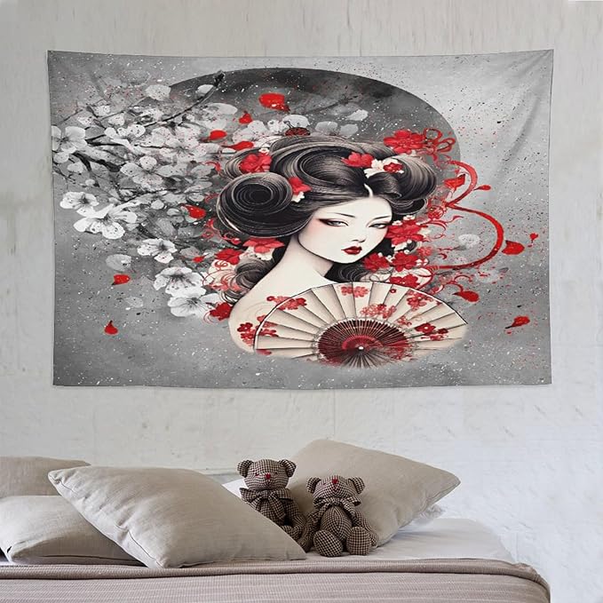 Japanese Geisha Tapestry Asian Red Cherry Blossom Red Sun Traditional Kimono Folk Tapestries Home Decor for Living Room Bedroom Apartment Farmhouse Dorm 90"x60"-Ruum Studio Home