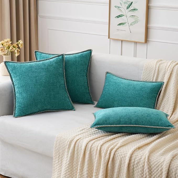 MIULEE Pack of 2 Couch Throw Pillow Covers 20x20 Inch Teal Farmhouse Decorative Pillow Covers with Stitched Edge Soft Chenille Solid Dyed Spring Pillow Covers for Sofa Bed Living Room-Ruum Studio Home