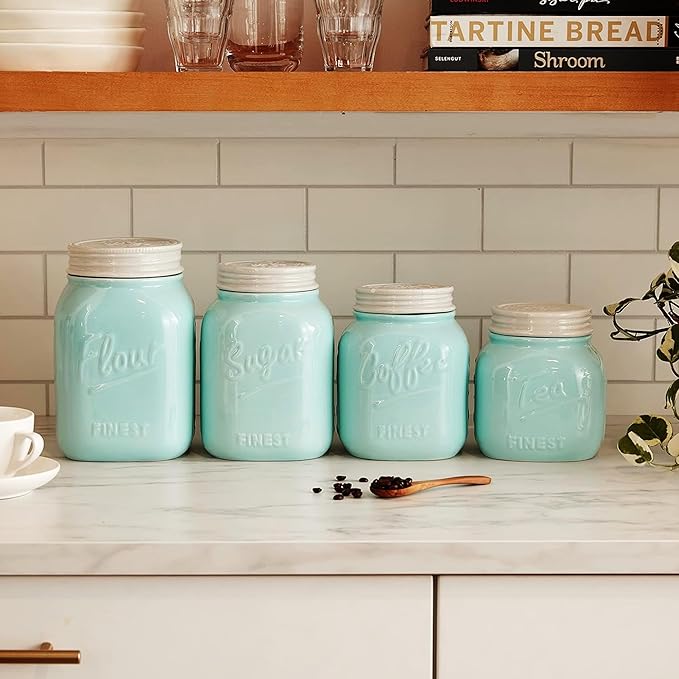 Young's Inc. 4 Pcs Set Casual Provincial Ceramic Canisters- Storage Container for Kitchen and Bathroom - Beautiful Home Decor Accent to Store Food, Coffee, Tea, and More - Green, White-Ruum Studio Home