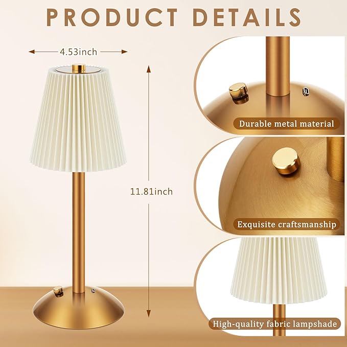 Liliful 2 Pcs LED Portable Cordless Table Lamp Touch Battery Operated Rechargeable Desk Lamp 3 Color Dimmable for Bedroom Living Room Dining (Beige Cloth Style,Gold)-Ruum Studio Home