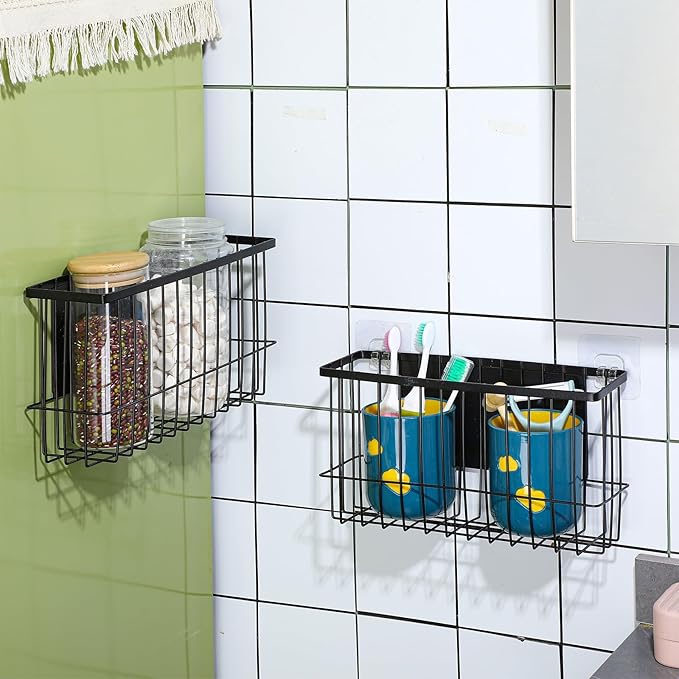 3 Pcs Magnetic or Adhesive Refrigerator Organizer Magnetic Baskets Kitchen Holder for Refrigerator Metal Shelf Rack Storage with 2 Types of Installation(Black)-Ruum Studio Home