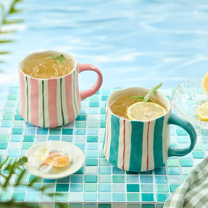 Striped Ceramic Coffee Mugs Set - 2 Pack, Pink & Green，Perfect for Morning Brew or Tea and Cocoa - for Coffee Lovers-Ruum Studio Home