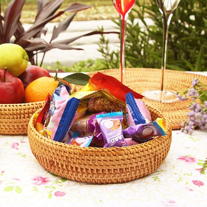 Hadewoven Round Rattan Fruit Basket Wicker Food Tray Weaving Storage Holder Dinning Room Bowl, 7”Decorative Natural Basket Woven Fruit Basket Bowl for Entryway Table, Countertop (Small 7”)-Ruum Studio Home
