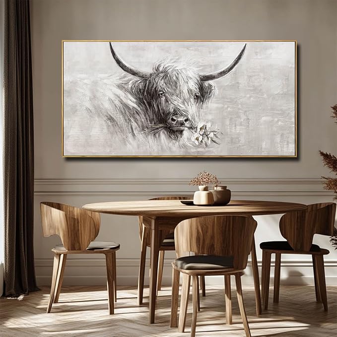 Farmhouse Wall Decor Framed Cow Artwork Grey Vintage Wall Art Canvas Flower Print Rustic Animal Pictures Style for Bedroom Dining Room 24x48 Inch-Ruum Studio Home