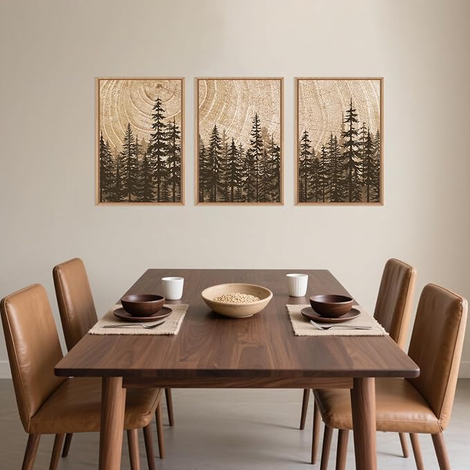 Pine Tree Framed Canvas Wall Art Set, Natural Woodland Landscape Wall Decor, Large Retro Forest Painting, Vintage Brown Artwork for Living Room, Bedroom, Kitchen, Study, Office - 16"x24"x3-Ruum Studio Home