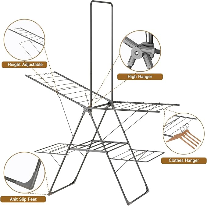 Bigzzia Clothes Drying Rack Foldable, 68.9Inch High Hanger Laundry Drying Rack with 4 Height-Adjustable Wings, Lightweight and Space Saving Clothes Airer for Apartments, Dorms, Camping-Ruum Studio Home