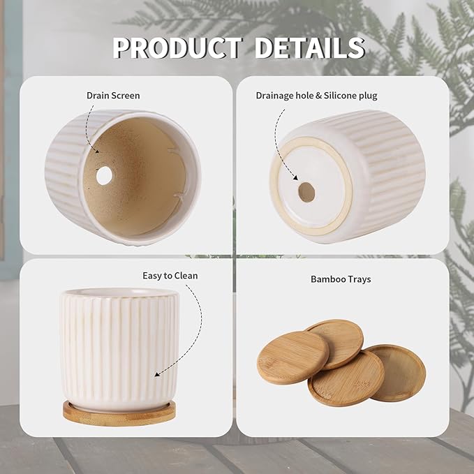 TAMAYKIM 4 Inch Ceramic Plant Pots with Drainage Holes, Modern Flower Planter with Saucer for Indoor Plants, Succulent, Cactus & Herbs, White, Set of 4 (Plants Not Included)-Ruum Studio Home