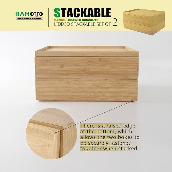 Stackable Bamboo Drawer Organizer Set – 2 Boxes with 1 Lid | Wood-Laminated Trays for Kitchen Utensils, Silverware & Flatware – Fits Cabinets, Pantry, Bathroom & Office | 14.6"x10.2" (2-Pack)-Ruum Studio Home