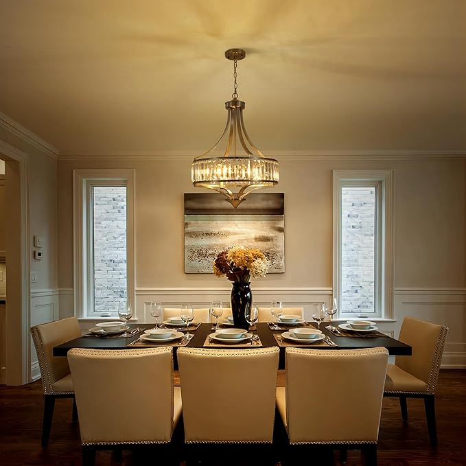 20" Brushed Nickel Chandeliers for Dining Room, 5-Light Modern Crystal Chandelier for Entryway, Hanging Round Light Fixture for Kitchen Island Living Room Bedroom Office Bathroom Staircase-Ruum Studio Home