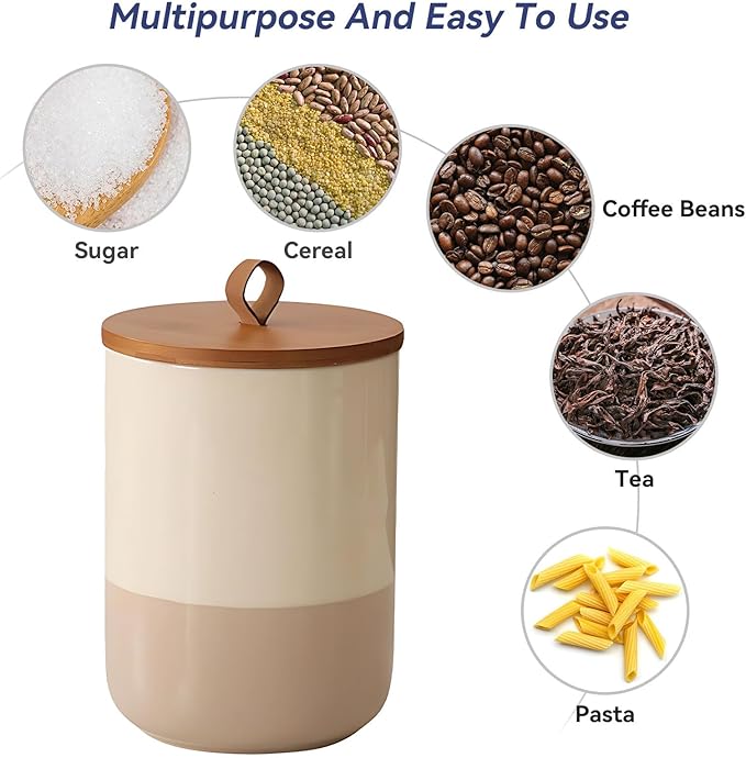 Coffee Canister, Ceramic Food Storage Jars with Lids Salt Matcha Container Brown Sugar Container Bowl for Kitchen Tea, Coffee Beans, Spice (#001Khaki-44oz/1300ml)-Ruum Studio Home