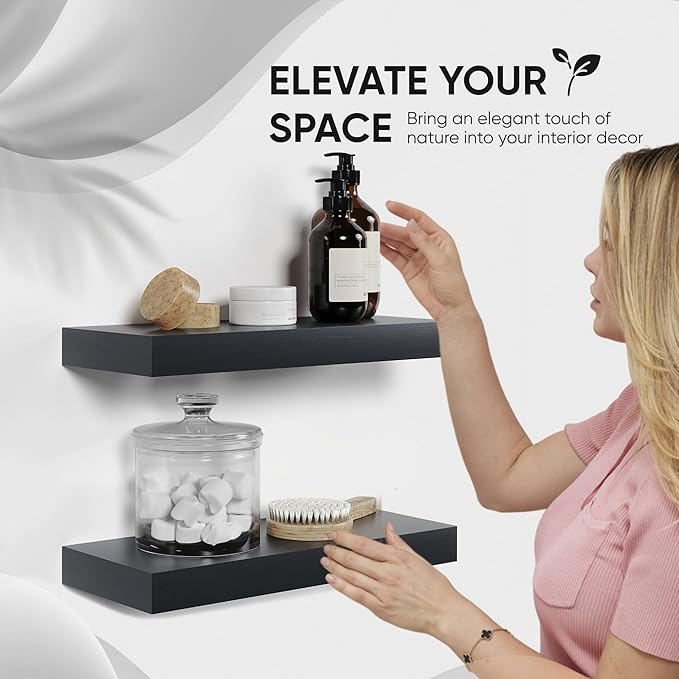 Homeforia Black Floating Shelf 18 inch, High End Solid Real Wood 18inch Bathroom Floating Shelves for Wall Mounted, Black Wooden 18in Floating Shelves, Heavy Duty Bracket, 18 X 6.5 X 1.75 in, Set of 3-Ruum Studio Home