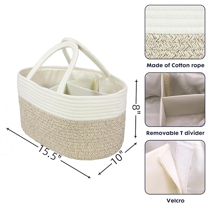 Large Baby Diaper Caddy Organizer for Girl Boy Rope Nursery Storage Bin Basket Portable Holder Tote Bag for Changing Table Car Travel Baby Shower Gifts Newborn Registry Must Haves White and Brown-Ruum Studio Home