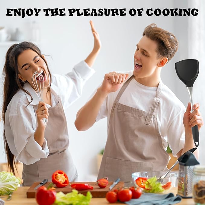 Premium Black Silicone Cooking Utensils Set - Non-Toxic, Heat Resistant& Non-Stick Kitchen Utensils Set with Spatula, Spoon, Whisk, Tongs, BPA Free, Dishwasher Safe, Black-Ruum Studio Home